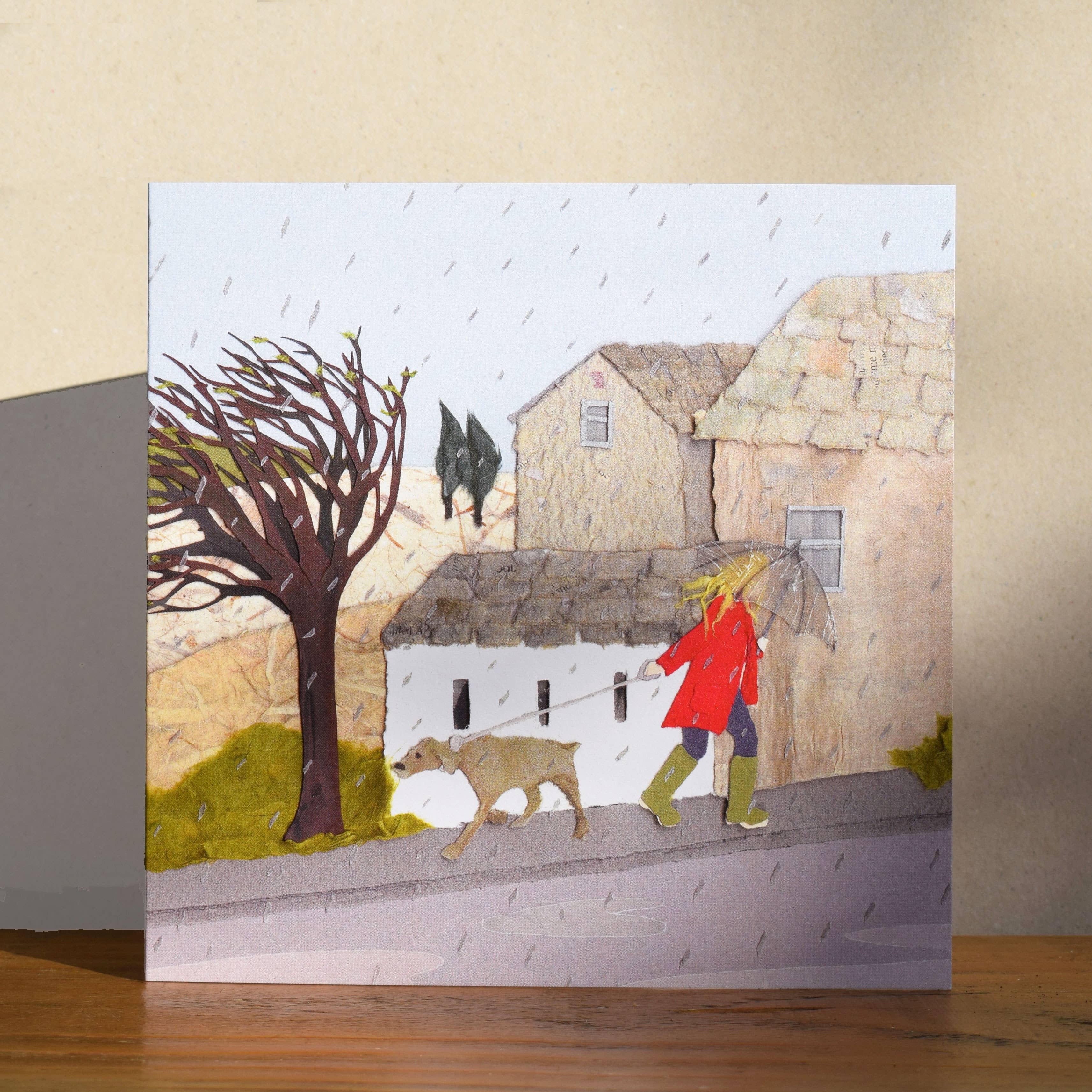 Windsock Press – wholesale Everyday greeting card – Dog Walking Card (rainy day)1