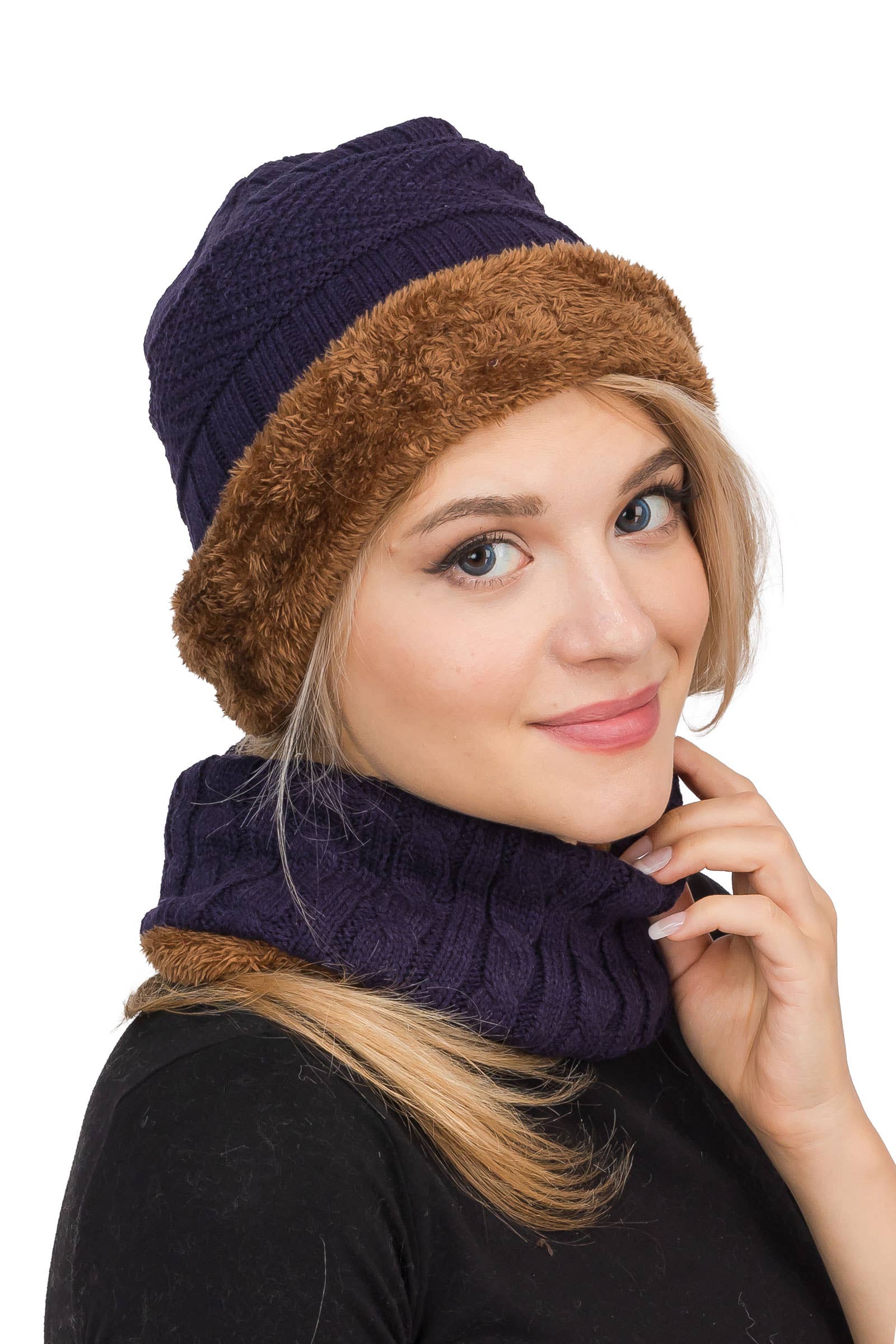 ASSORTED Earth Tone Cable Knitted Fur Beanie Scarf for wholesale on Faire8