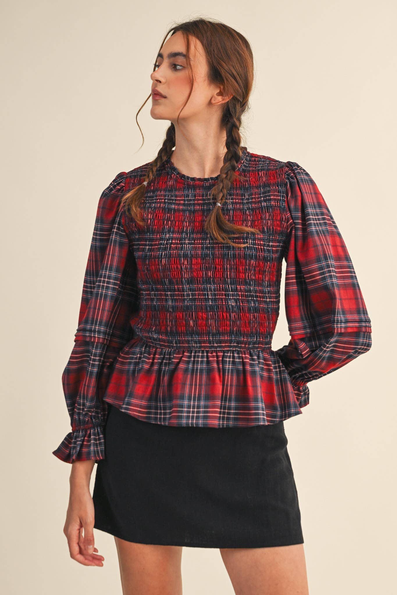 SMOCKED PLAID PUFF SLEEVE PEPLUM TOP MTP4192 for wholesale on Faire11