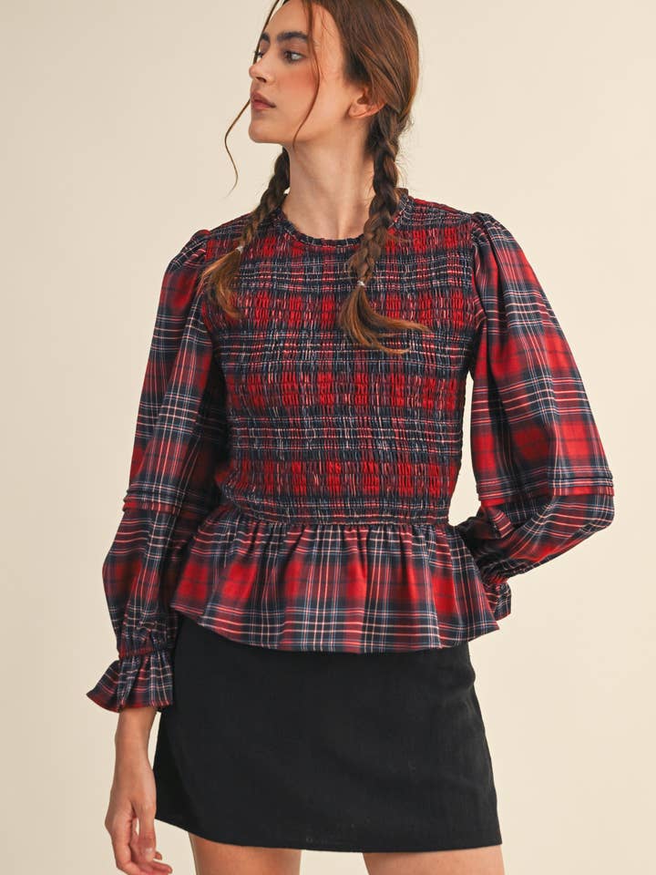 SMOCKED PLAID PUFF SLEEVE PEPLUM TOP MTP4192 for wholesale on Faire11