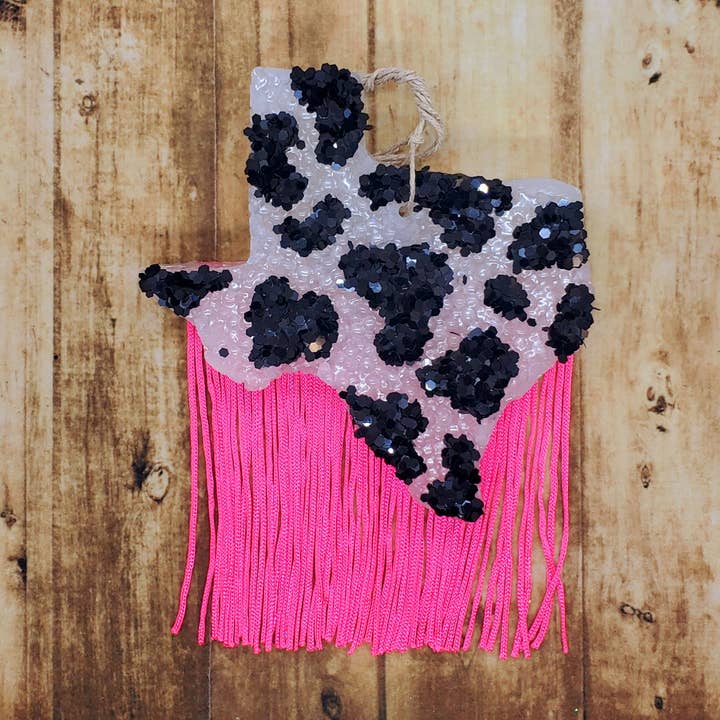 Fringin Cowprint Texas Freshie for wholesale by Leafcutter Candle Co.