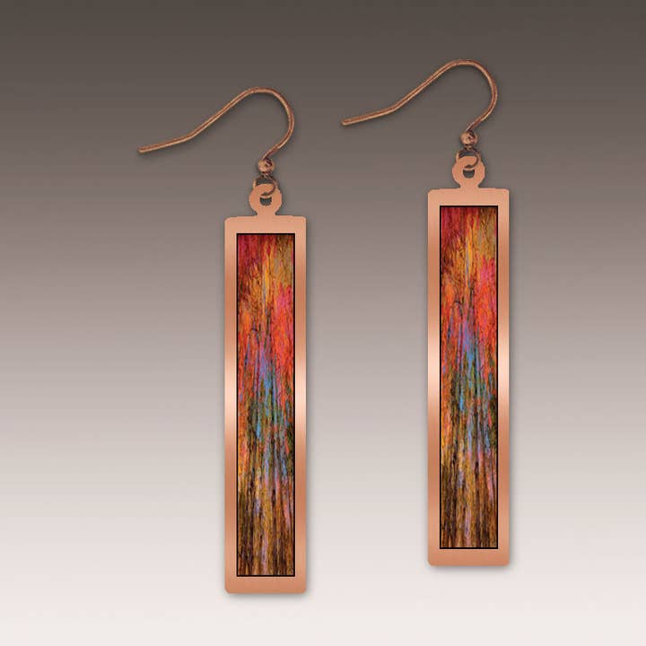 Orange Nature Abstract Copper Showcase Rectangle Earrings for wholesale by Illustrated Light & DC Designs