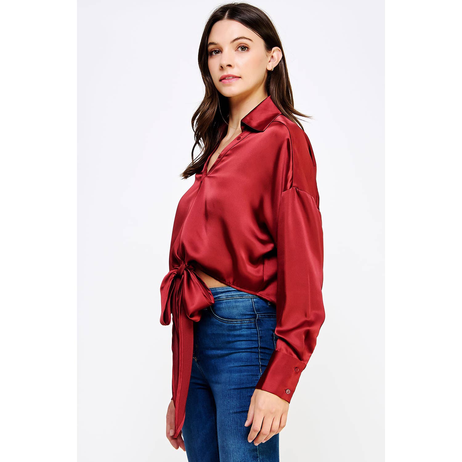 Strut & Bolt - Wholesale Button Down Shirt - Women's - Button Down Waist Tie Satin Shirt Top17