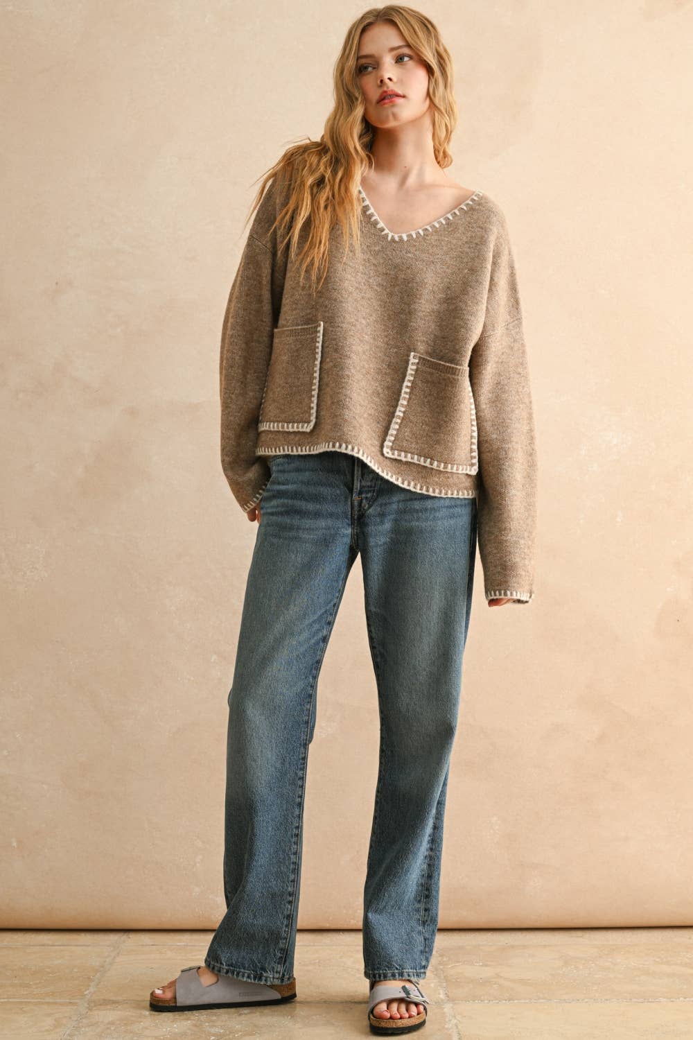 MIOU MUSE - Wholesale Knit Sweater - Women's - T4041   STITCH DETAILED V-NECK SWEATER TOP3