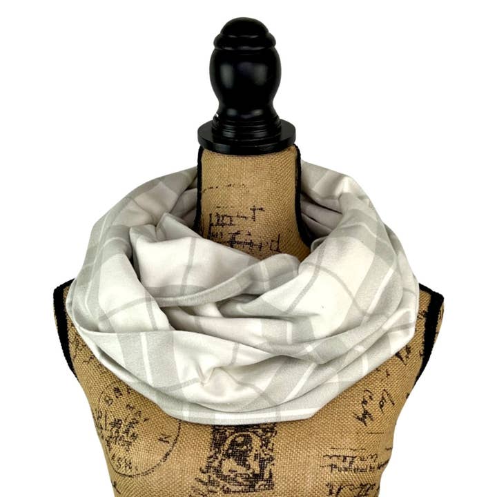 100% Organic Cotton Plaid White and Grey Infinity Scarves for wholesale by Thistle & Stitch