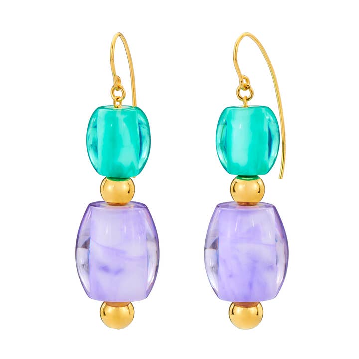 3" 2 Drop Purple and Teal Bead Earrings for wholesale by Gold & Honey