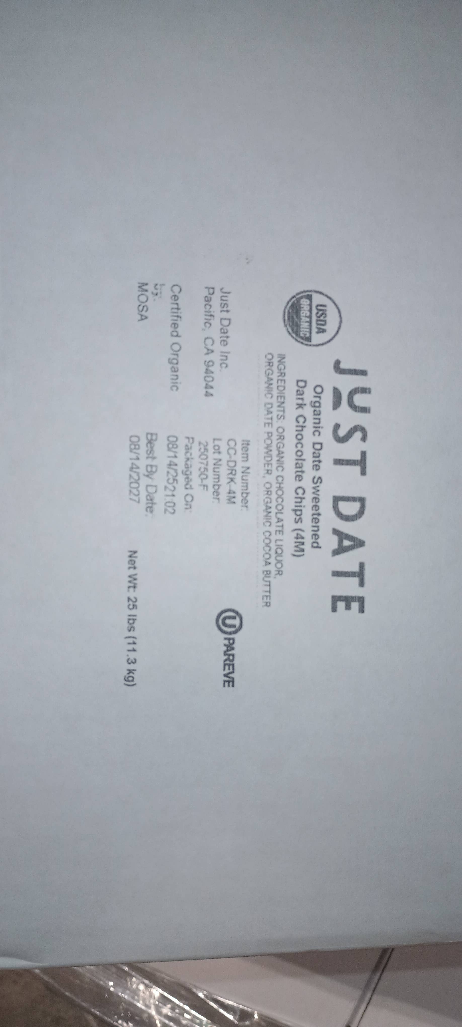 Just Date - Wholesale Baking Chocolate - Org Date-Sweetened Mini Dark Choc Chips (Size 4M,25LB BULK)3