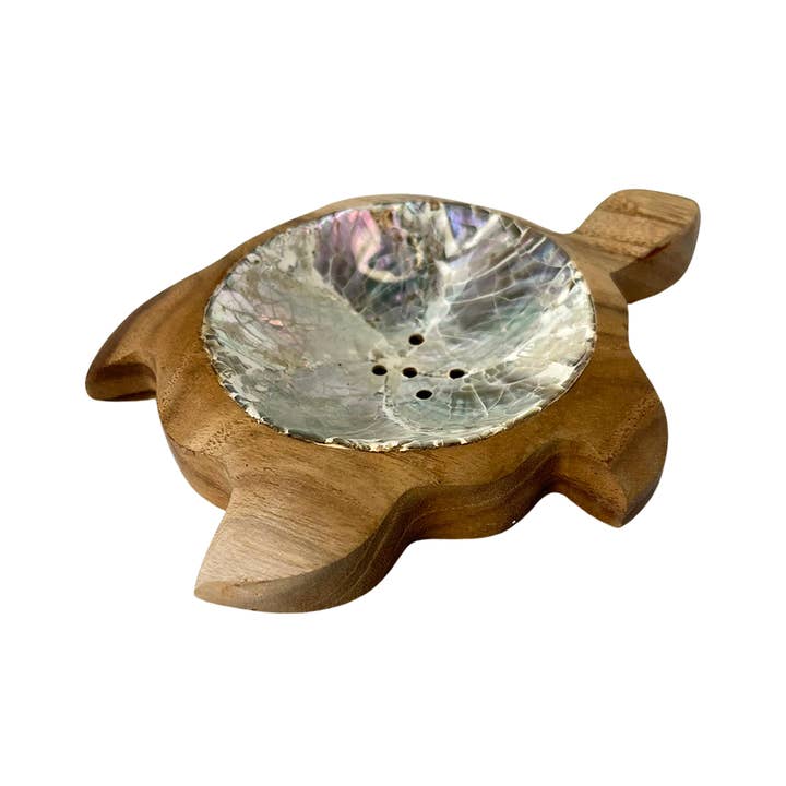VIE - Wholesale Bath Soap Dish - Turtle Soap Dish, Teak Wood with Abalone Inlay, Approx. 12cm1