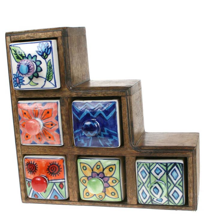 Coffret en bois, 3+2+1 tiroirs en céramique pour la vente par Shared Earth