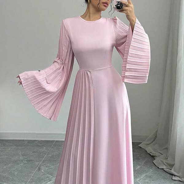 Flare-Sleeve Pleat Round-Neck Maxi for wholesale by Sheer Trend