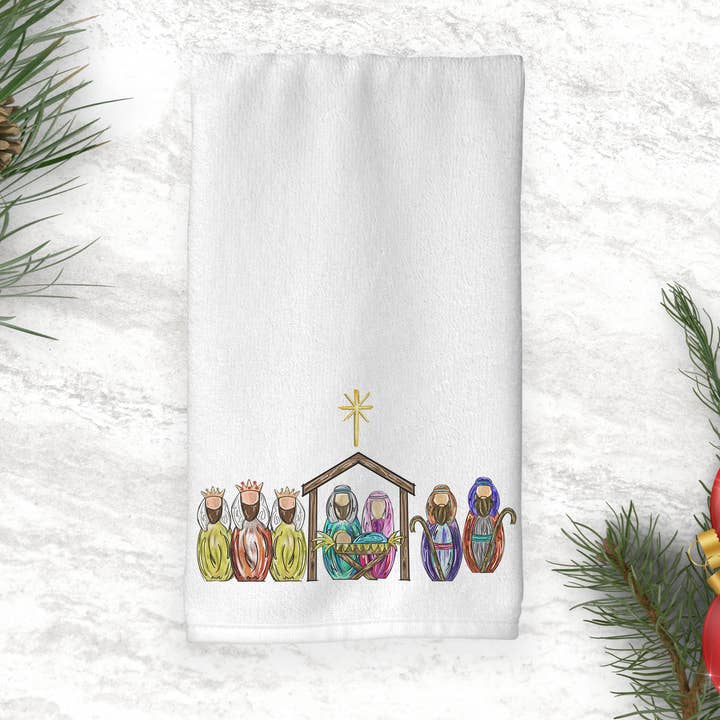 Christmas Nativity Handtowel | Wise Men Manger Watercolor for wholesale by Sew Many Blessings LA