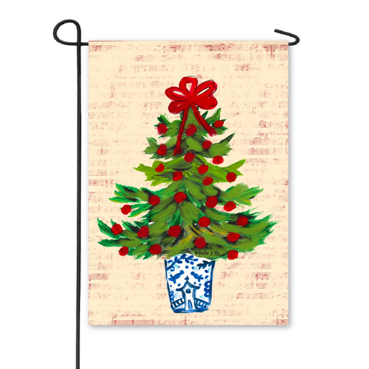 Baxter & Me - Wholesale Flag - Blue Willow Red Ribbon Tree Garden Flag1