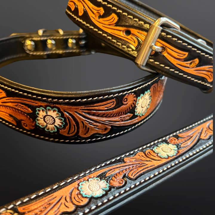 Dog Collar - Tooled Leather Western White Daisies for wholesale by Westrian International