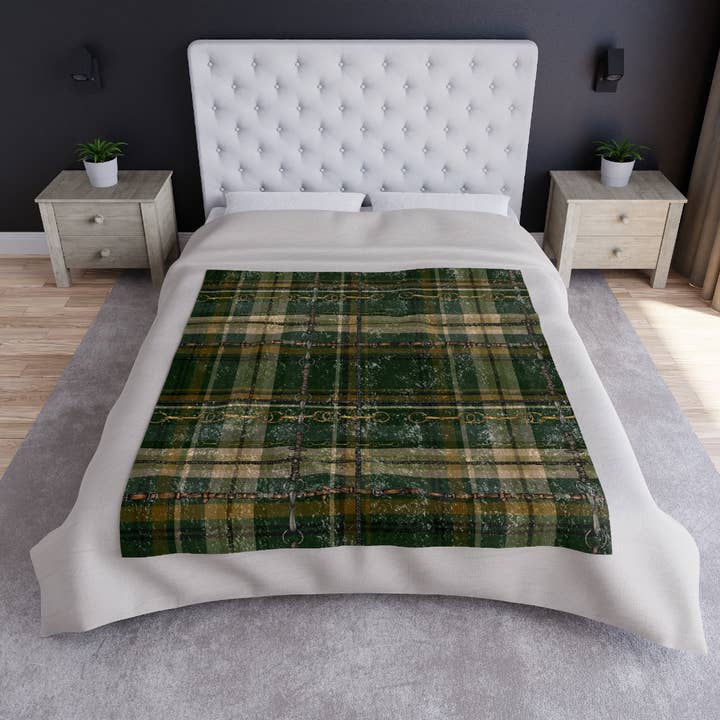 All Designs Equine - Wholesale Throw Blanket - Hunter Green Bit Plaid Equestrian Crushed Velvet Throw3