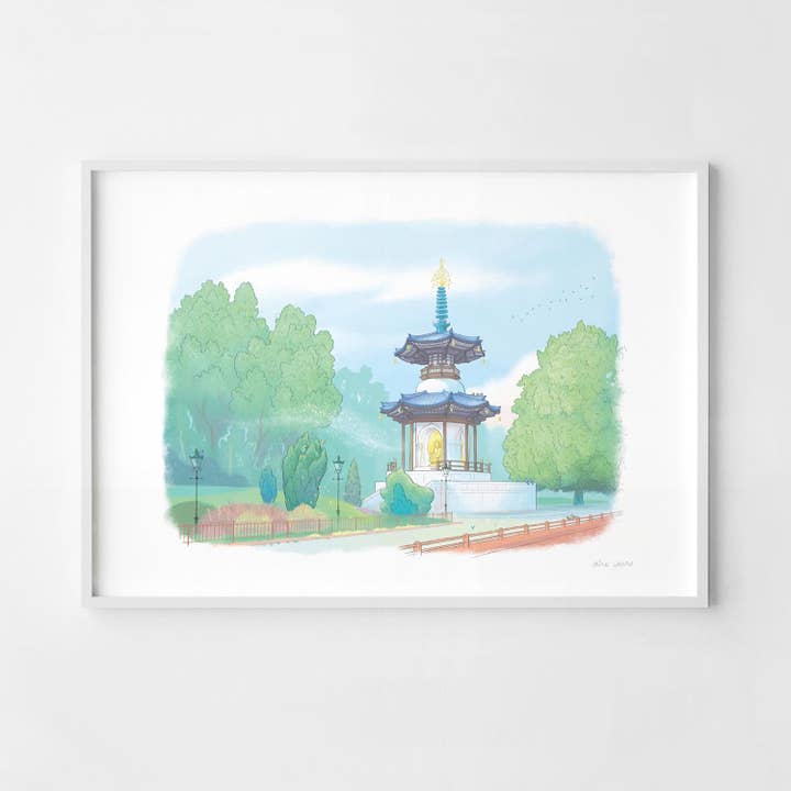 Battersea Park Peace Pagoda London Print for wholesale by Mike Green Illustration