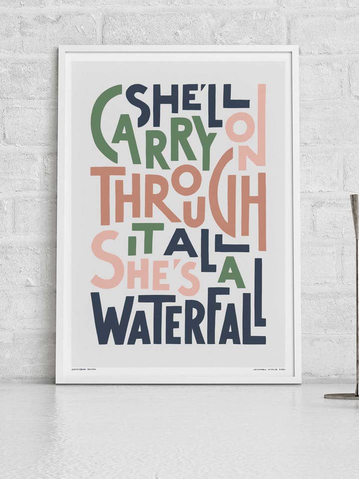 She's A Waterfall Ikonisk sang Lyrisk typografiprint for engroshandel hos Sketchbook Design