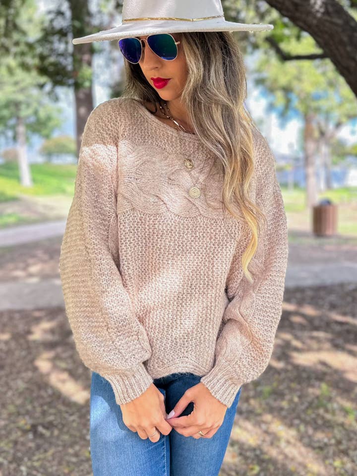 Taupe Lightweight Cable Knit Sweater with Scallop Hem for wholesale by AMOLI