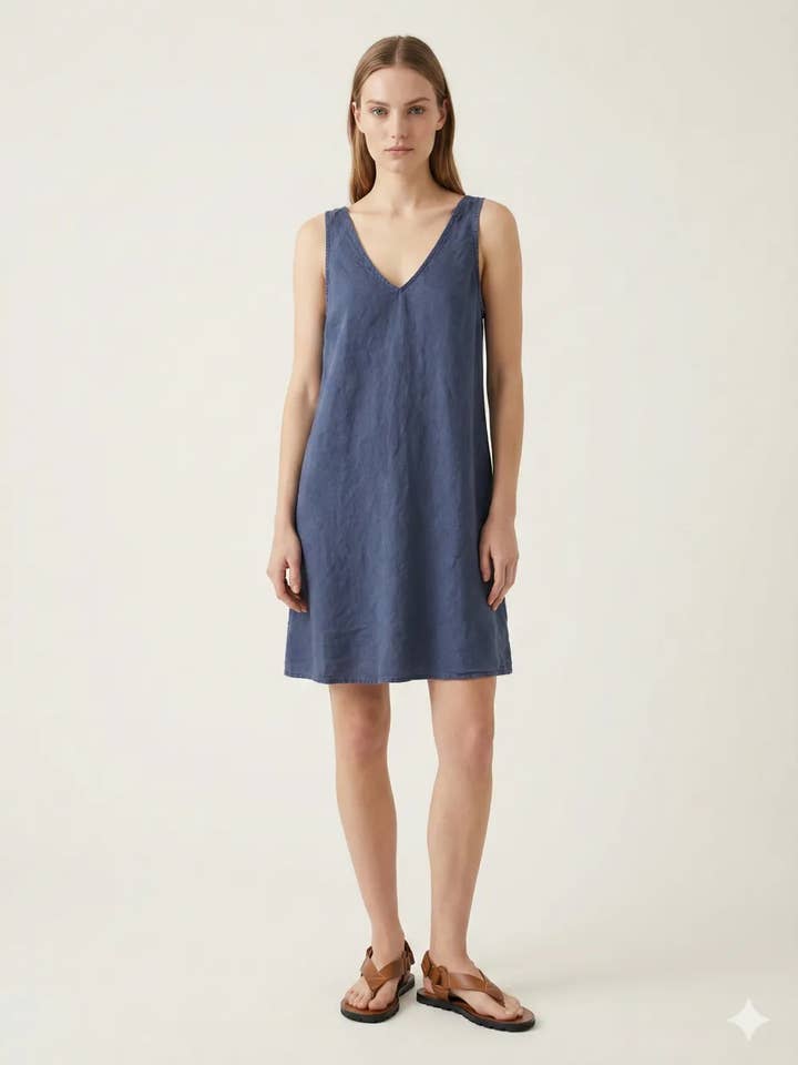 Vestido de Linho e Viscose com Decote em V por atacado de Mimi & Gogo