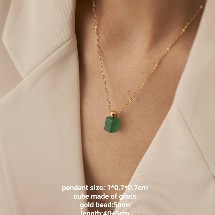 Furano Studio - Wholesale Pendant/Charm Necklace - 18K Gold Plated Green Cube Pendant Necklace