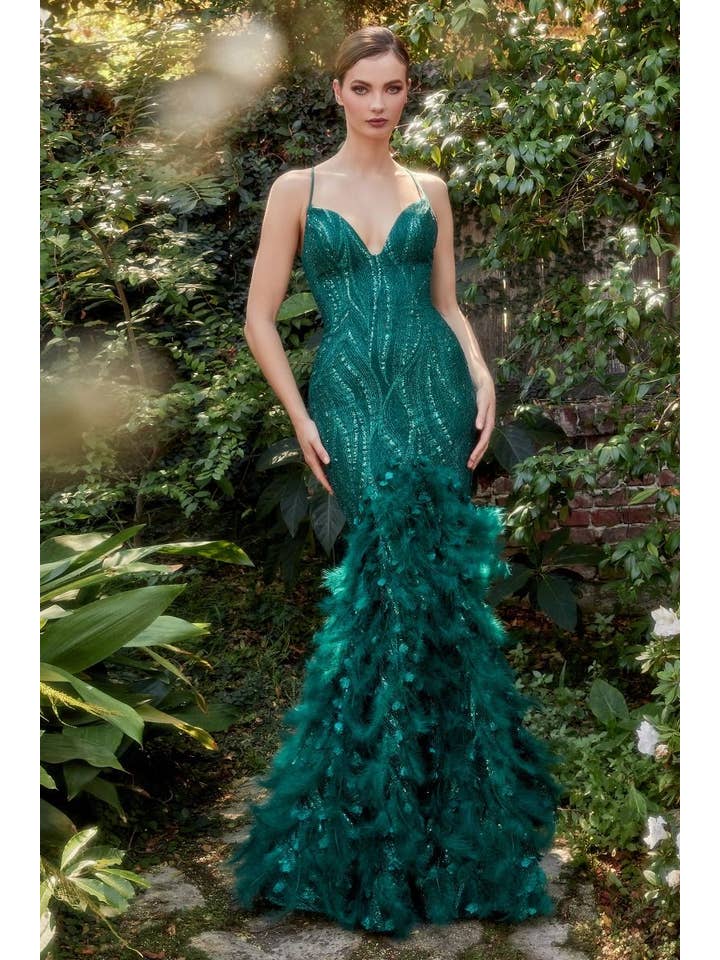 Emerald Dust Feather Mermaid Gown for wholesale on Faire0