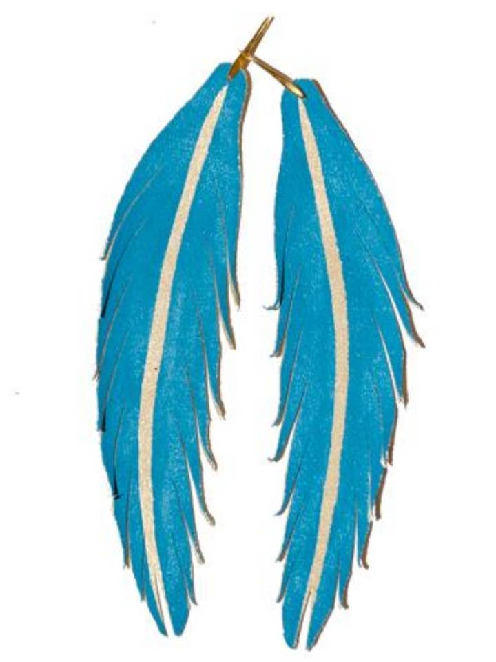 Orecchino lungo in pelle con piume, colore turchese per la vendita all'ingrosso da parte di The Supply Society