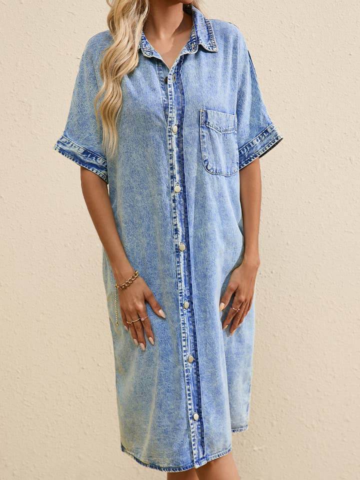 Light Blue Loose Medium Wash Chambray Dress with Short Sleeves for wholesale on Faire11