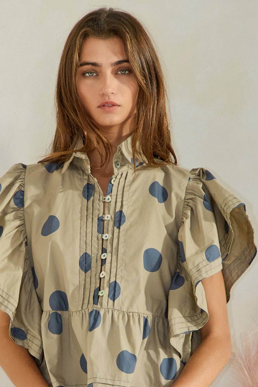 BUCKETLIST INC - Wholesale Blouse - Women's - IT2337 Ruffle Sleeves Pintuck Detail Polka Dot Print top27