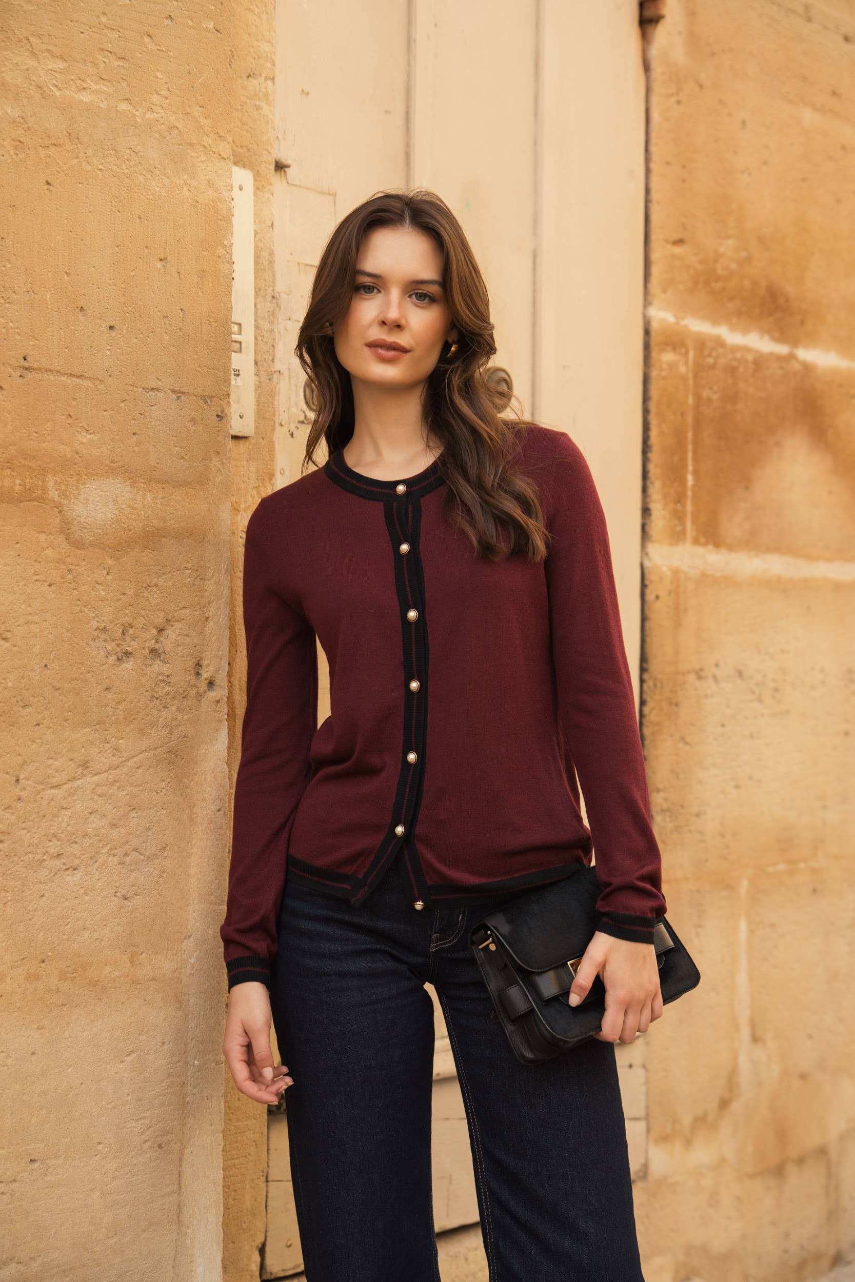 jw.atelier – wholesale Kofta - Dam – Tvåfärgad cardigan i siden och kashmir med pärlknappar4