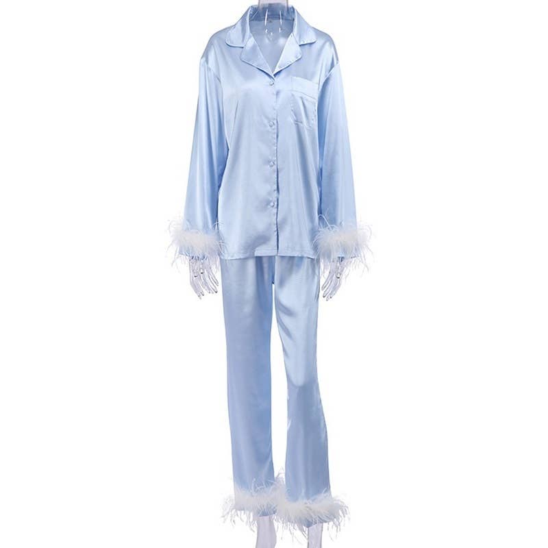 Paperdoll - Vente Haut et bas de pyjama – femme - Ensemble de pyjama Fashion en plumes d'autruche1