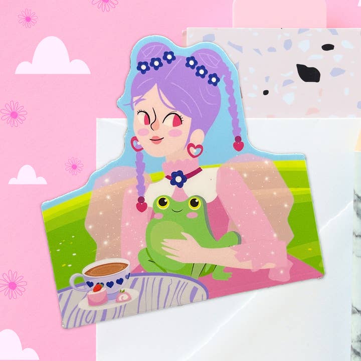Pegatina brillante Kawaii Lolita y su rana hecha a mano para venta al por mayor de Neha Lee Designs