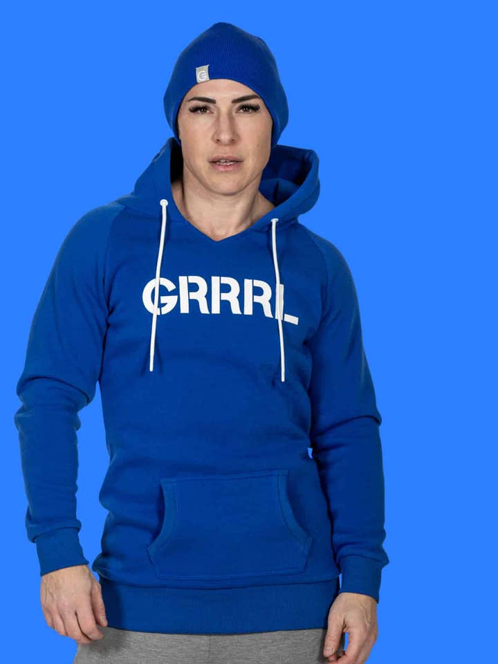 Sweat à capuche stretch bleu royal à col en V pour la vente par GRRRL
