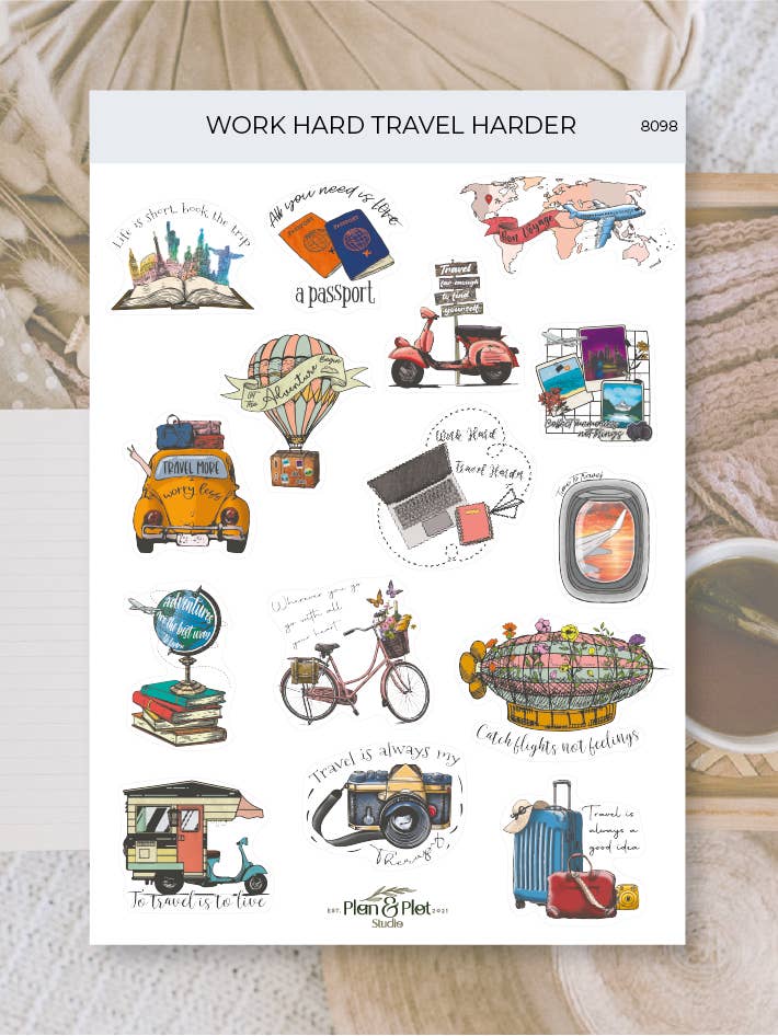 Work hard travel harder | Stickers for wholesale by Plan & Plot Studio