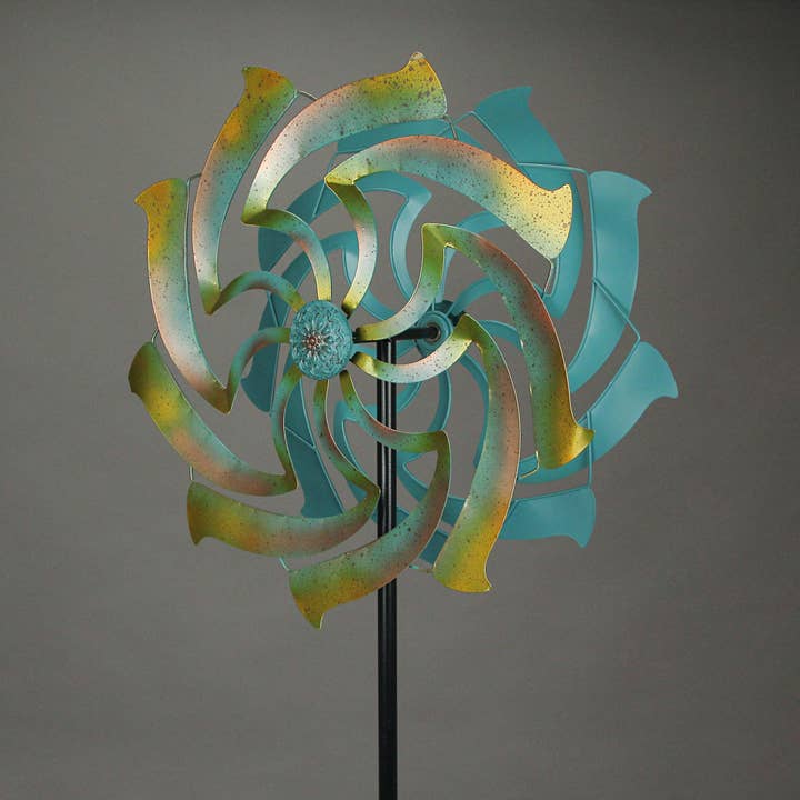 Zeckos - Wholesale Wind Spinner - Teal and Yellow Dual Flower Metal Wind Spinner Garden Stake1