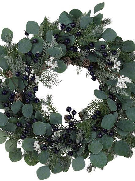 GHIRLANDA IN ARGENTO CON EUCALIPTO, DIAMETRO 24 POLLICI, BLU/BIANCO/MULTICOLORE per la vendita all'ingrosso da parte di Waterman's Loft Inc.