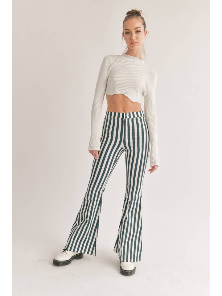 Wholesale IP1260 VERTICAL STRIPED HIGH WAISTED FLARED PANTS for
