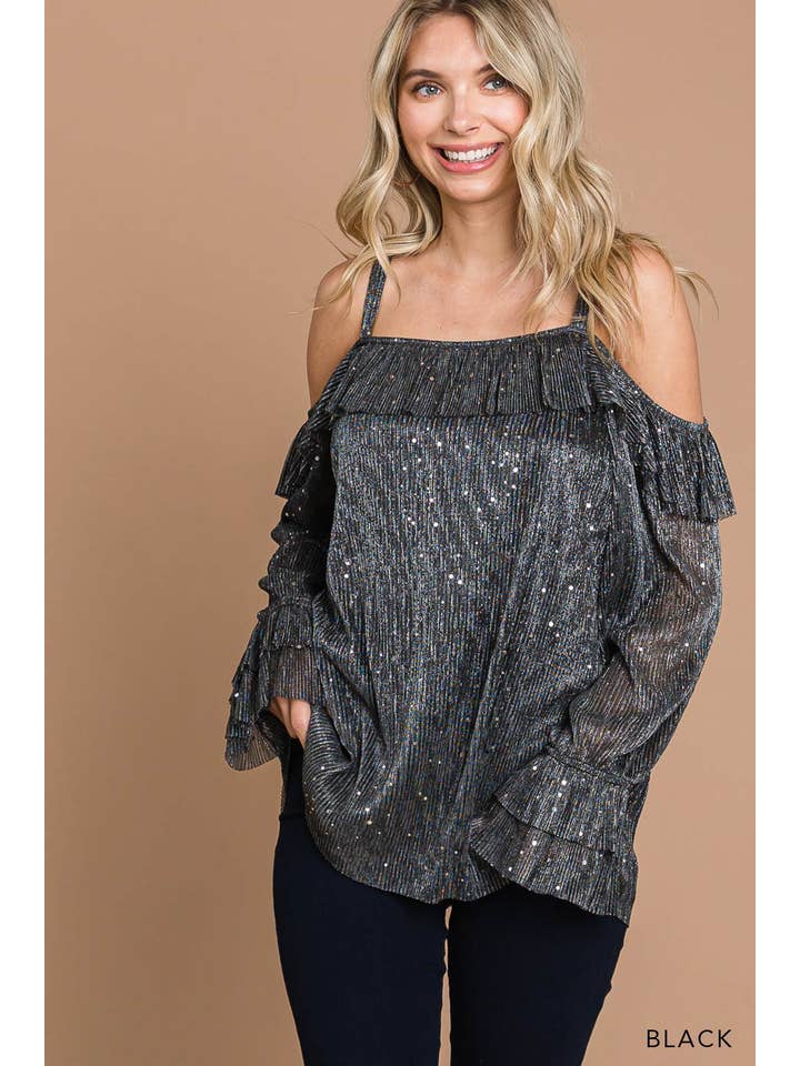 Cotton Bleu - Wholesale Blouse - Women's - 64511W-Women's Metallic Sequin Off Shoulder Ruffle Top0