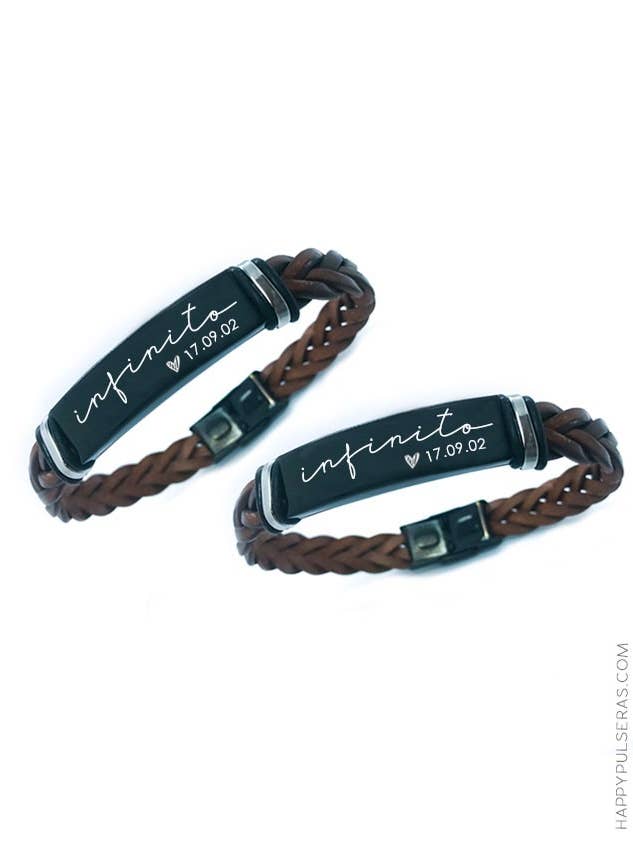 Pack of 2 personalized braided leather and titanium bracelets. for wholesale by Happypulseras
