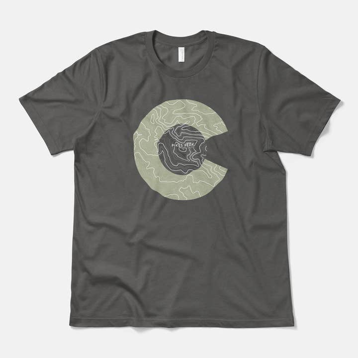 Pikes Peak Topo 14er Colorado Shirt - Unisex Short Sleeve for wholesale by Hinterland Outdoors