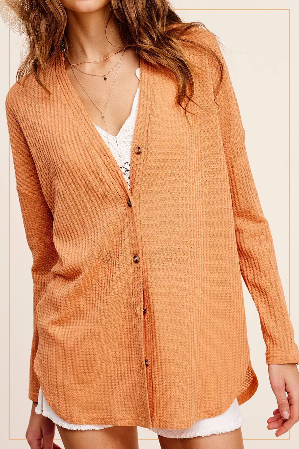 La Miel - Wholesale Cardigan - Women's - HBC2175-Soft Waffle Fabric Button Down Long Sleeve Cardigan5