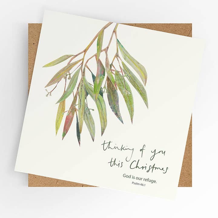 Scripture Thinking of you Christmas card, eucalyptus leaves for wholesale by Under the Willow Tree