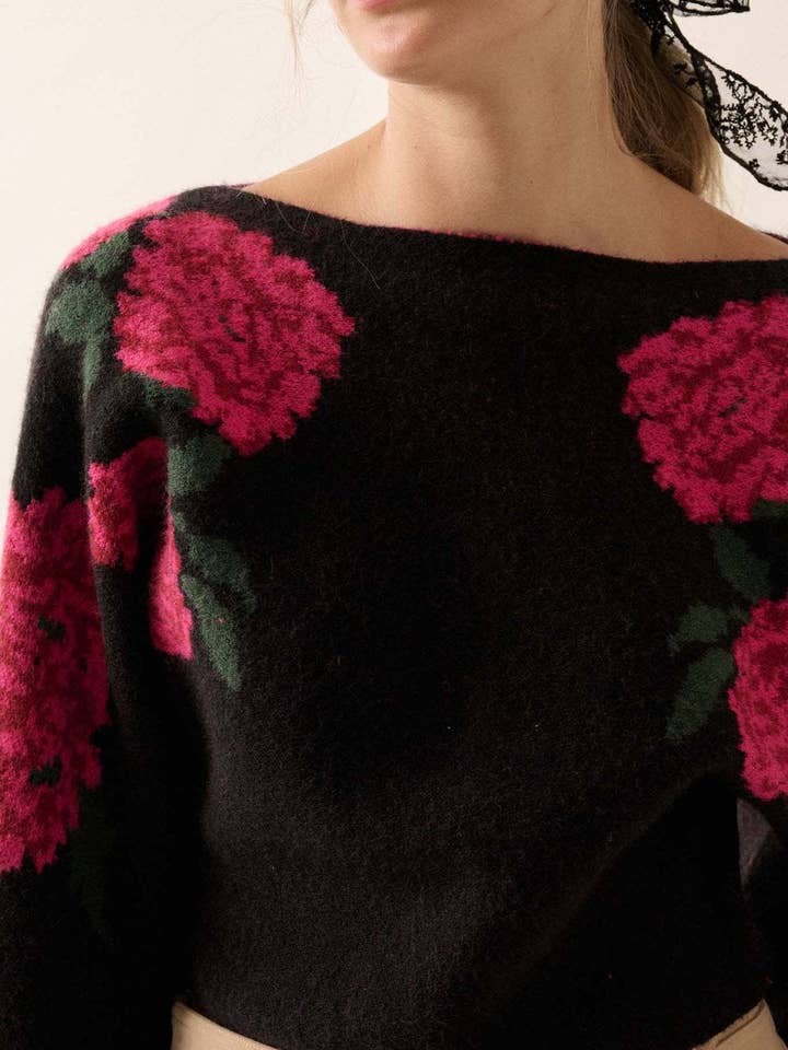 Rosa Clothing - Wholesale Knit Sweater - Women's - Blooms Floral Boat Neck Knit Sweater