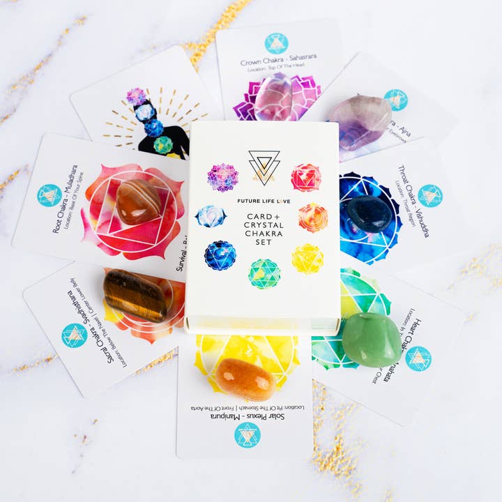 Chakra Card Set With 8 Cards and 7 Crystal Set White Box for wholesale on Faire6