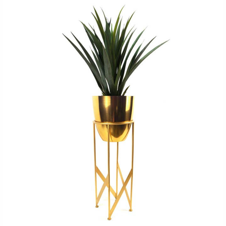 Artificial Yukka Plant Metal Planter Stand Gold 90cm Tall for wholesale by Leaf Design UK LTD