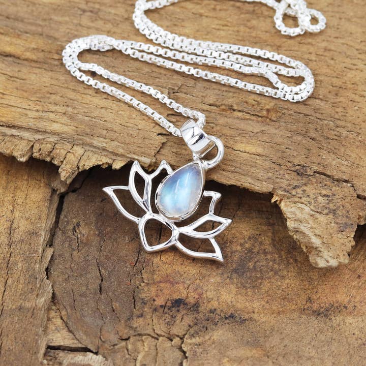 Jay Jools - Wholesale Pendant/Charm Necklace - Rainbow Moonstone Lotus Pendant: 925 Sterling Silver Jewelry8