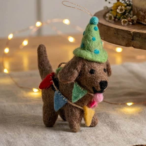 Handmade Felt Party Pooch Hanging Dog Decoration for wholesale by Felt So Good