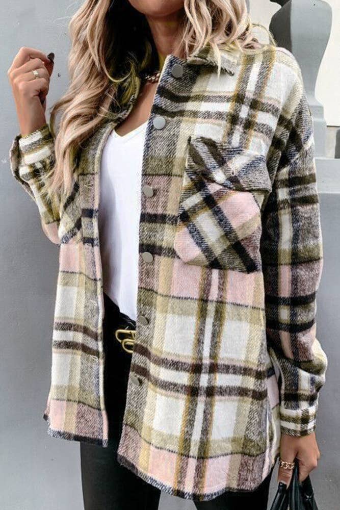 Pink Plaid Flannel Shacket Jacket Women STC211-P1 for wholesale on Faire3