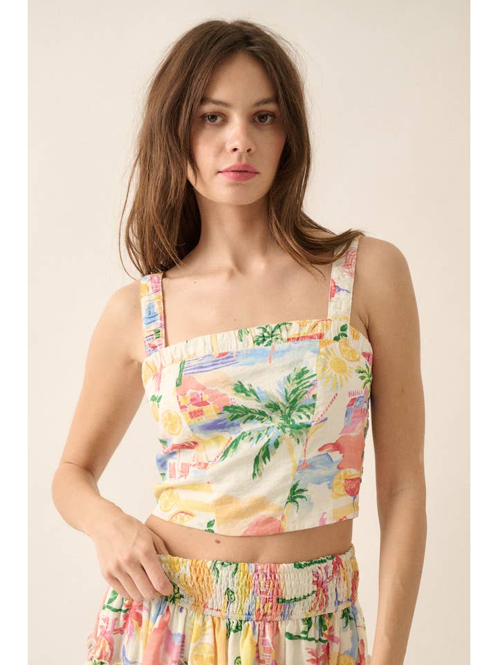 Cream Tropical Watercolor-Print Cropped Cami Top for wholesale on Faire