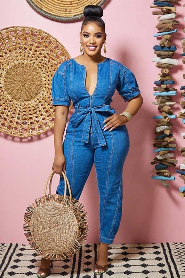 Blue Lace-Up V-Neck Sleeveless Jumpsuit Romper for wholesale on Faire1