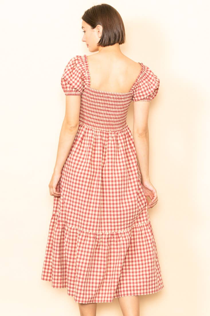 Elloh Collection - Wholesale Dress - Women's - Gingham Puff Sleeves Smocked Chest Midi Dress with Pockets10