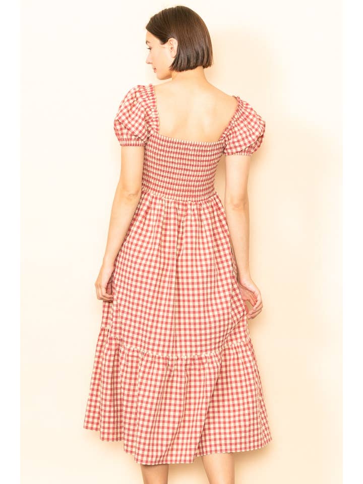 Elloh Collection - Wholesale Dress - Women's - Gingham Puff Sleeves Smocked Chest Midi Dress with Pockets10